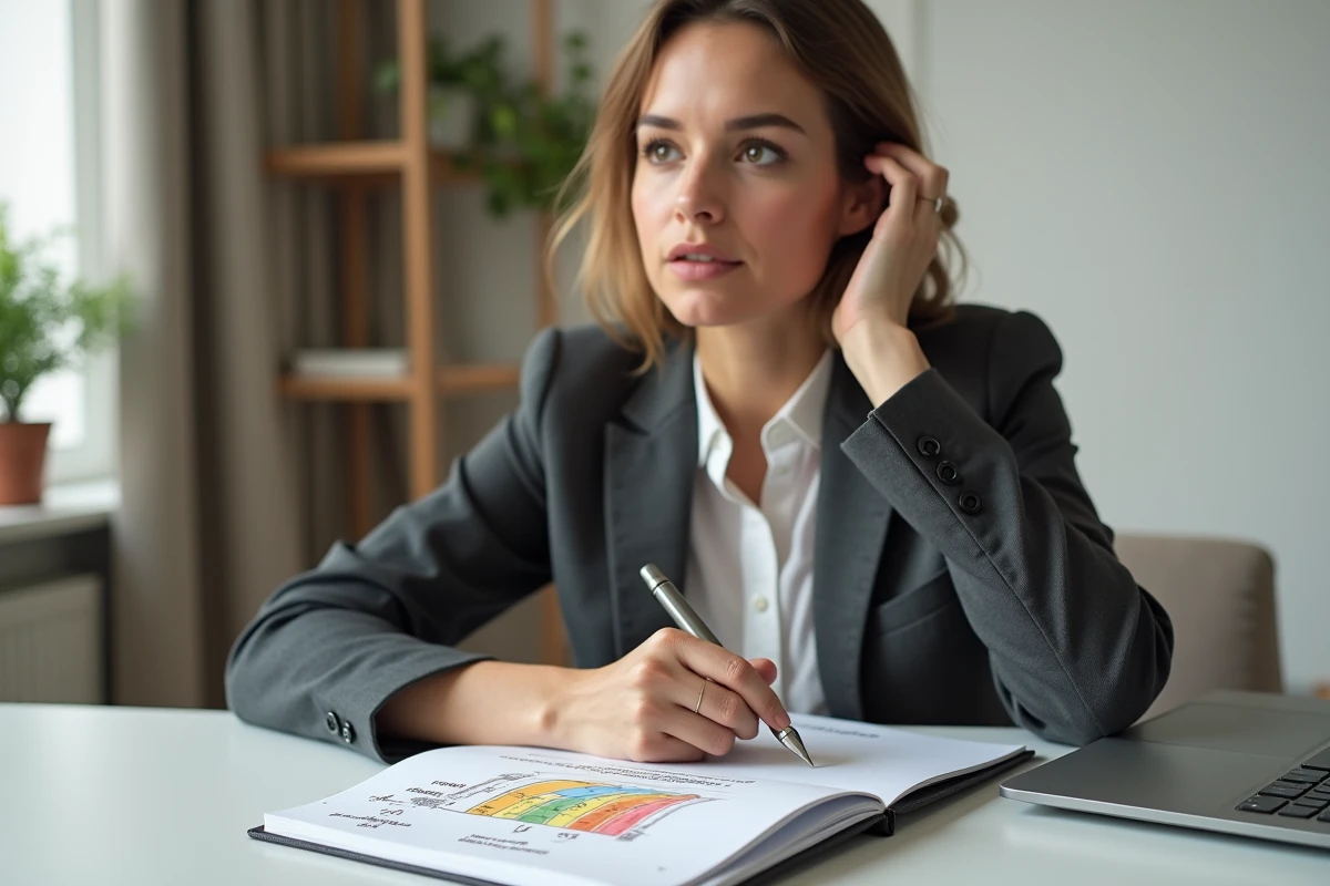 Femme d'affaires prenant des notes sur la méthode SPANCO dans un bureau moderne et épuré
