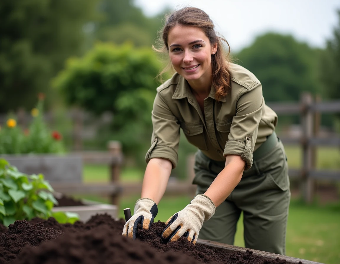 Femme agricultrice utilisant une bêche pour retourner du compost dans un potager biologique en maraîchage