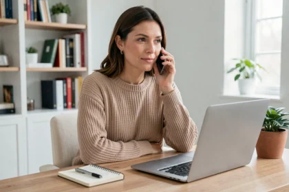 Femme préparant ses informations avant d'appeler le service client Amazon depuis son bureau à domicile