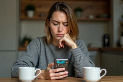 Femme frustrée bloquée sur une énigme de jeu de mots 4 images 1 mot à 9 lettres sur smartphone