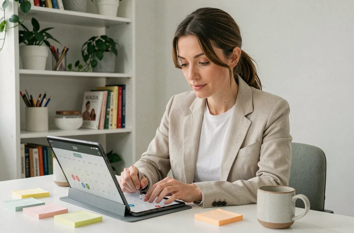 Femme consultant un calendrier des jours fériés 2026 sur tablette dans un bureau à domicile épuré