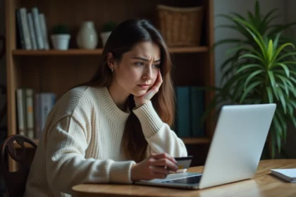 Femme inquiète tenant sa carte bancaire devant un ordinateur affichant un site web suspect