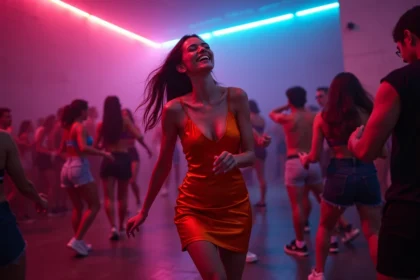 Jeune femme en robe satin dansant avec enthousiasme sur une piste de danse néon dans une boîte de nuit moderne en 2026