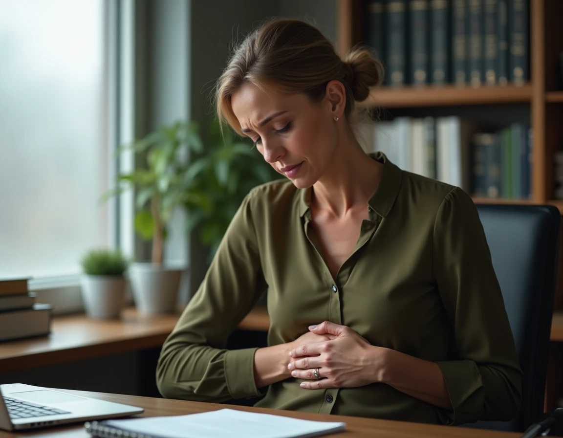 Femme en télétravail souffrant de douleurs abdominales et de flatulences excessives au bureau à domicile
