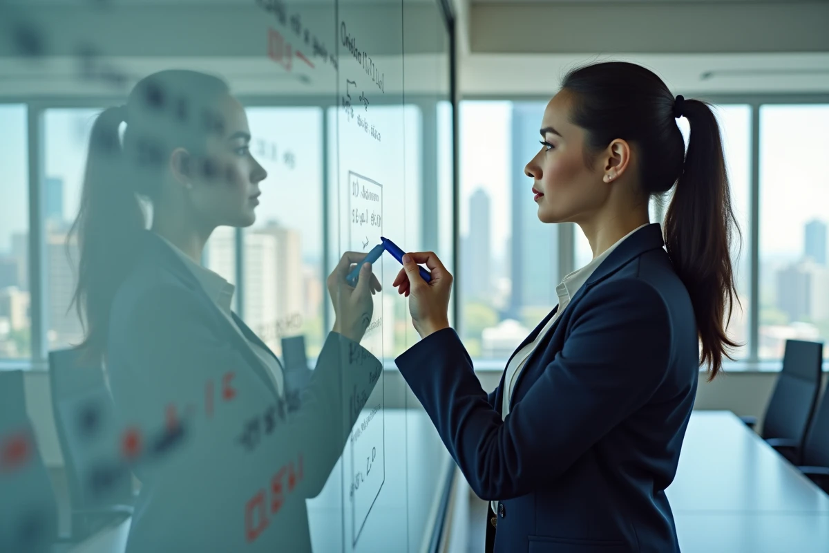 Femme économiste expliquant l'impact de l'inflation sur les intérêts composés devant un tableau blanc dans une salle de réunion moderne