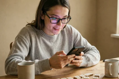 Femme jouant à 4 Images 1 Mot sur smartphone avec des tuiles de lettres posées sur une table en bois