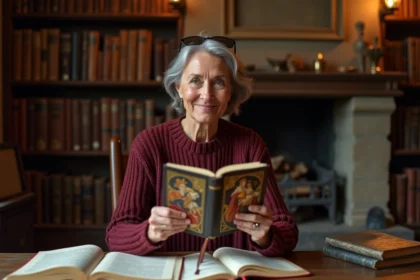 Femme lisant un roman historique sur le Moyen Âge dans une bibliothèque personnelle entourée de livres anciens