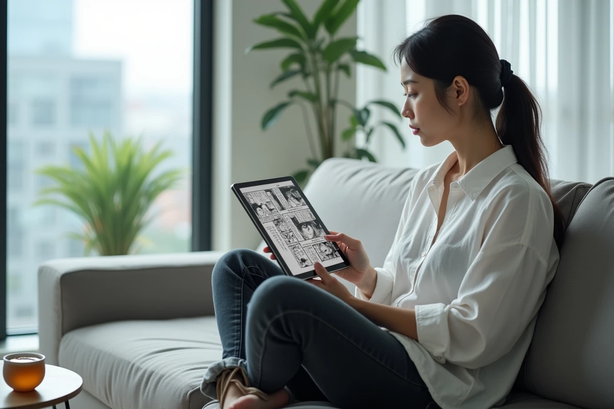 Femme lisant un scan de manga sur tablette numérique, illustrant la question de la légalité des sites comme Epsilon Scan