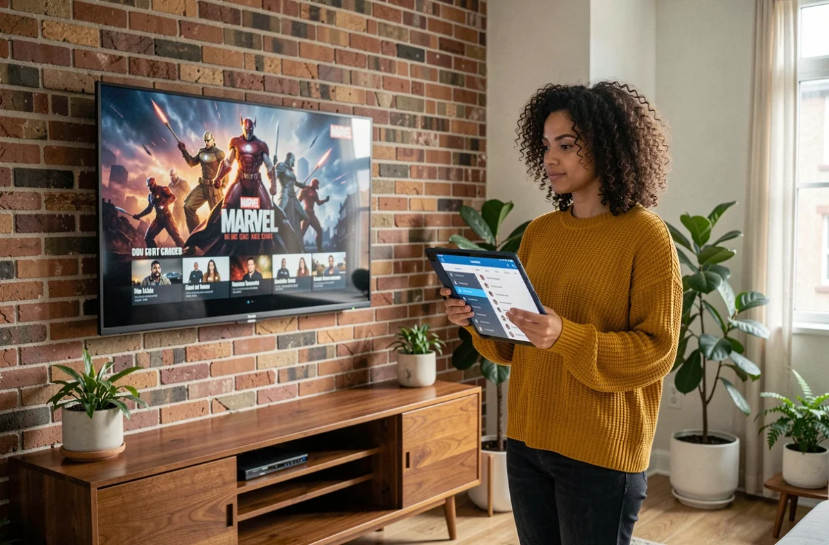 Une femme comparant l'ordre de visionnage Marvel sur sa tablette devant un écran de télévision