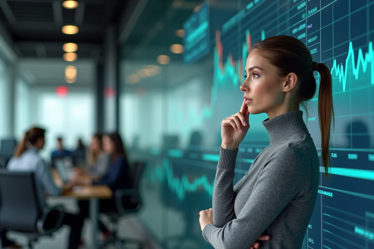 Femme contemplant des données de portefeuille d'investissement sur un écran numérique dans un bureau financier moderne