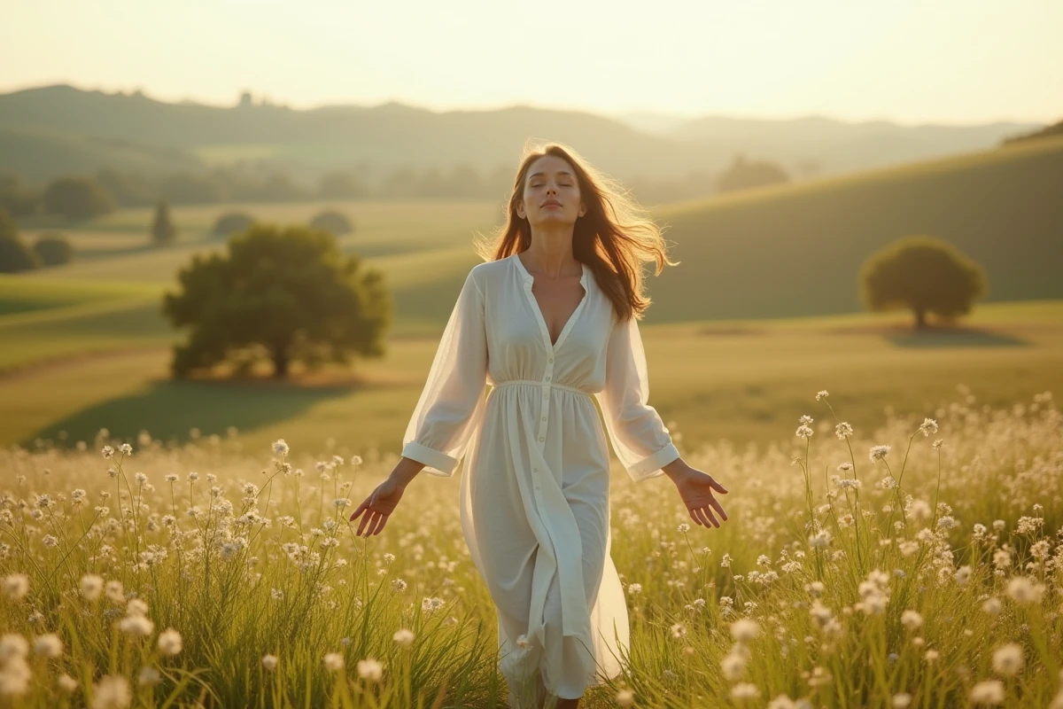 Femme sereine en robe blanche dans une prairie fleurie symbolisant le paradis terrestre de l'Éden