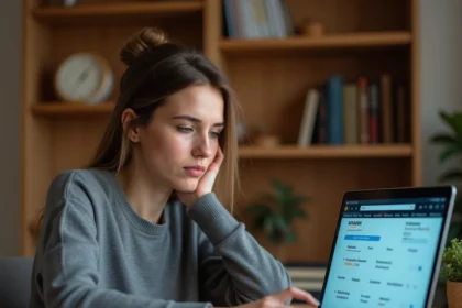 Femme utilisant un ordinateur portable pour gérer ses commandes Amazon et résoudre un problème d'archivage