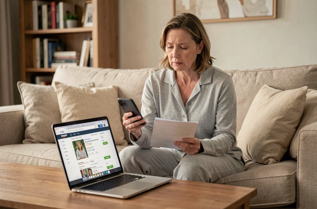 Femme assise dans son salon qui prépare ses documents de commande avant de contacter le service client Amazon