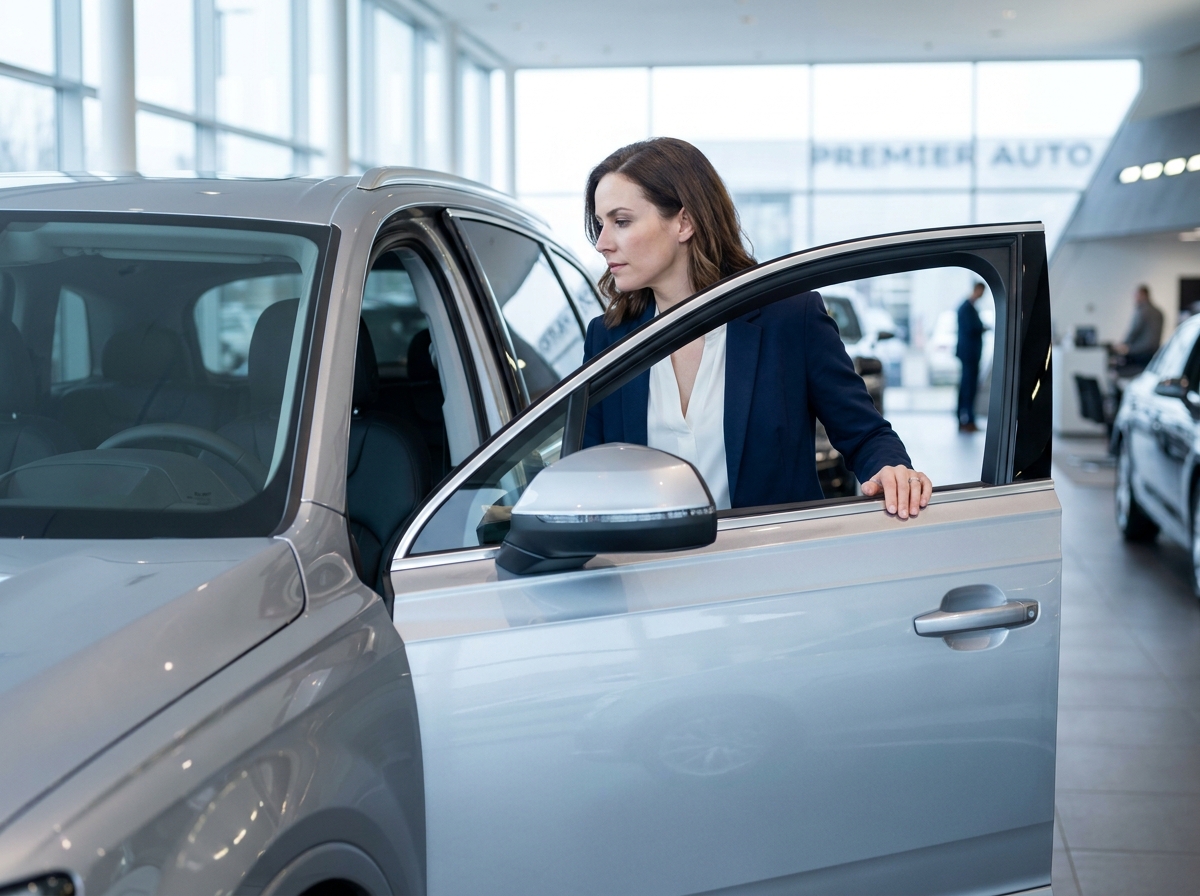 Femme devant un SUV en leasing chez un concessionnaire automobile, main sur la portière ouverte, environnement de concession moderne