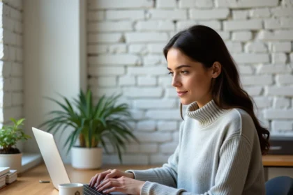 Femme utilisant un ordinateur portable pour insérer le symbole environ dans un document texte