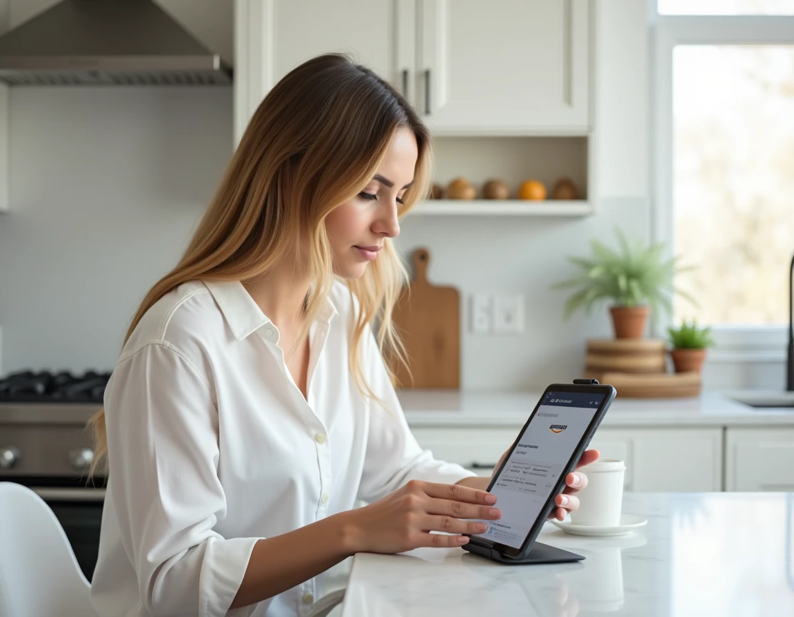 Jeune femme consultant Amazon sur tablette dans une cuisine moderne pour résoudre un problème d'archivage de commande