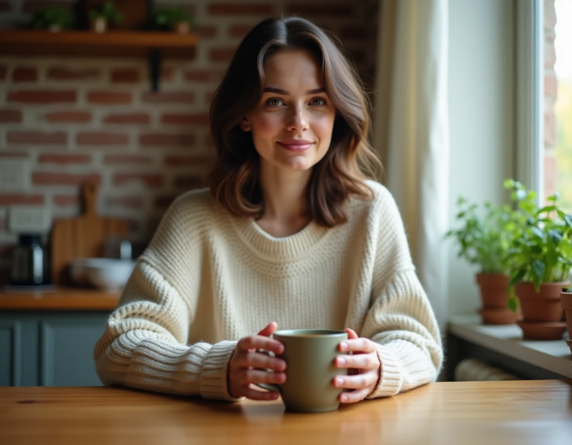 Jeune femme buvant une tisane dans une cuisine chaleureuse comme rituel anti-stress du quotidien