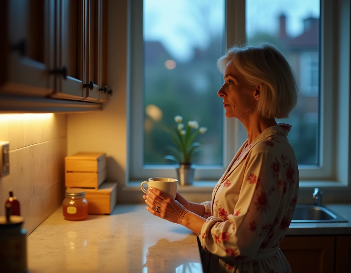 Femme en robe de chambre buvant une tisane le matin après un réveil précoce