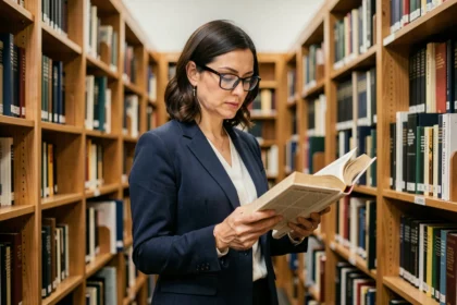 Femme universitaire consultant un dictionnaire dans une bibliothèque académique pour comprendre le terme paradigmatique