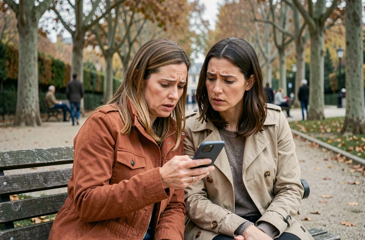 Deux femmes discutant de la sécurité en ligne et des faux profils sur une application de sorties à Bordeaux dans un parc public