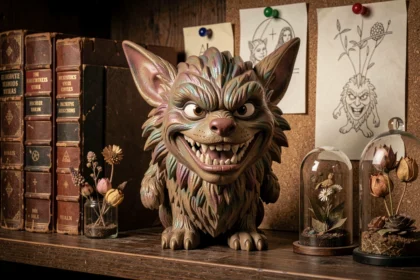Figurine Labubu collector posée sur une étagère en bois sombre entourée de livres ésotériques et de symboles occultes dessinés à la main