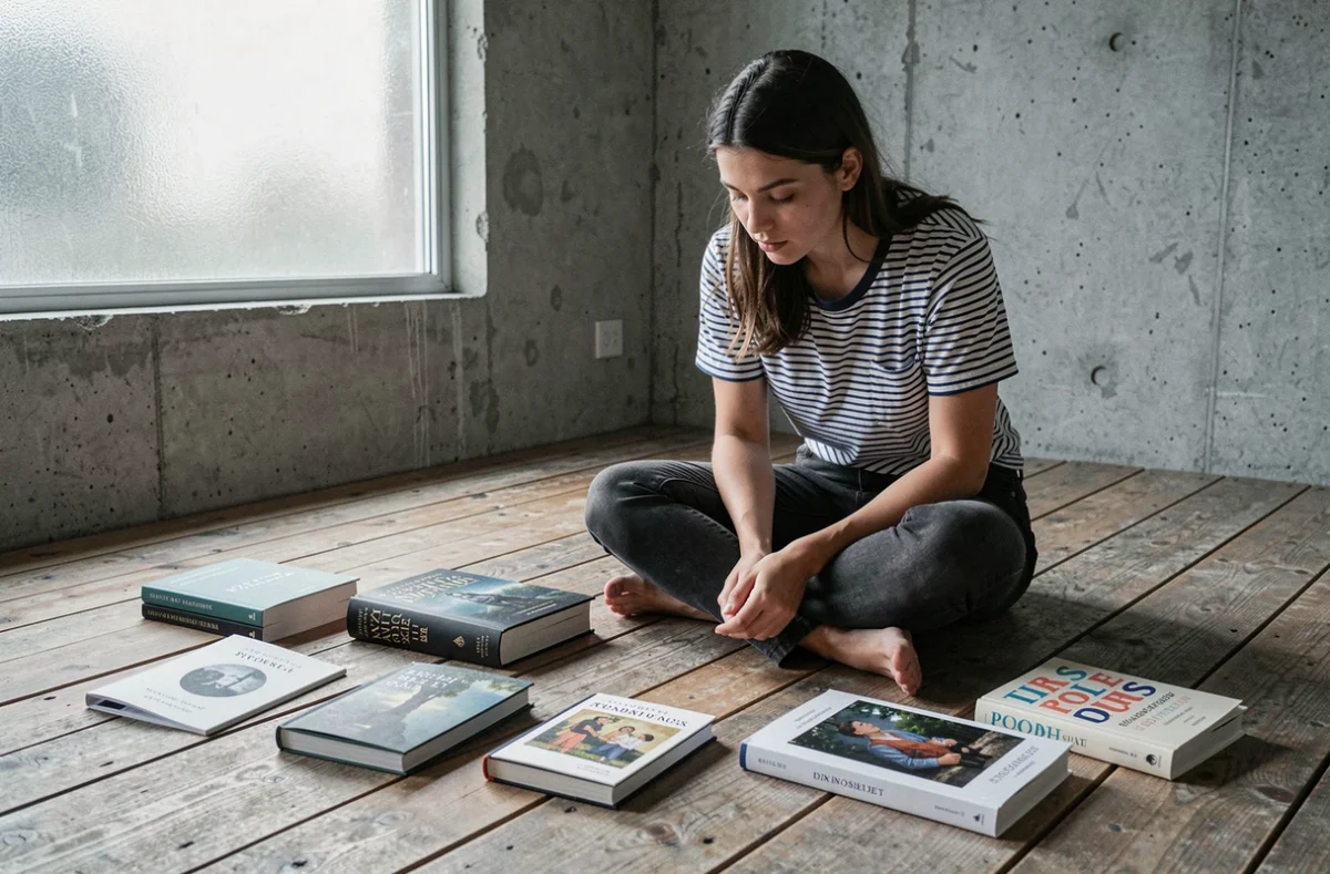 Jeune femme dans un studio minimaliste analysant différents formats de livres disposés au sol selon leur genre littéraire