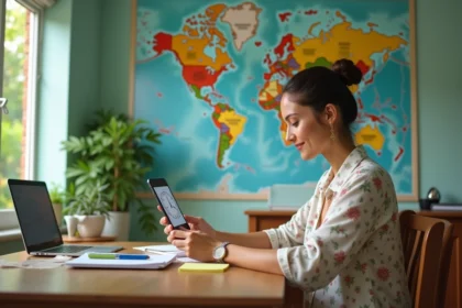 Femme consultant un fuseau horaire sur smartphone devant une carte des zones horaires mondiales à La Réunion
