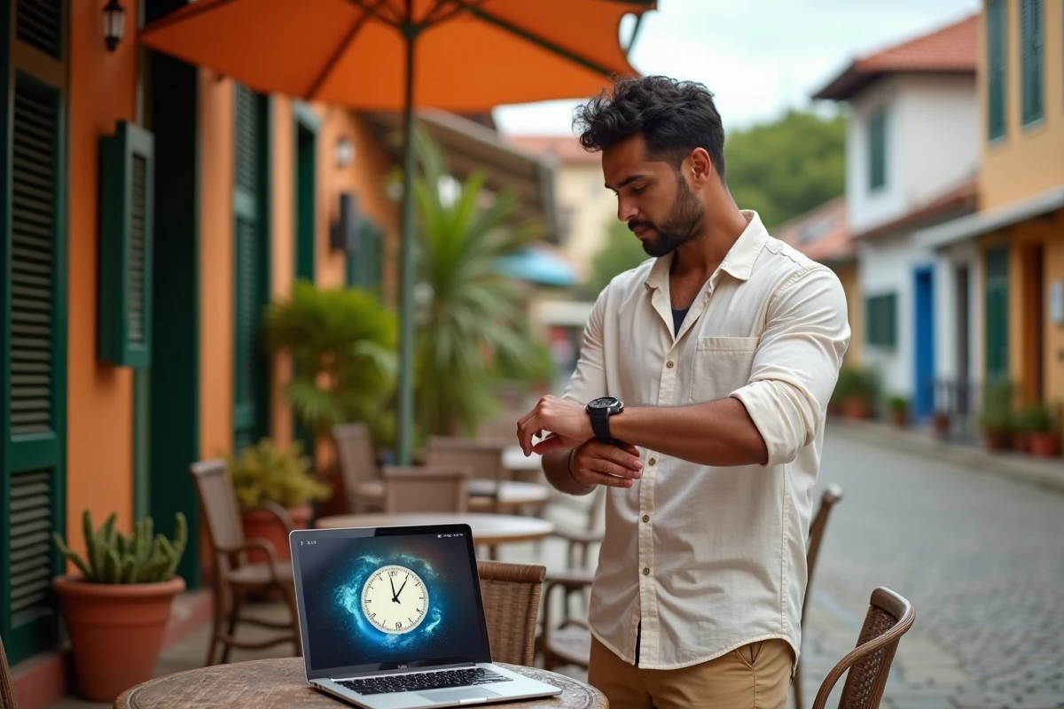 Homme vérifiant l'heure sur sa montre dans un café en plein air à Saint-Denis de La Réunion avec un ordinateur portable affichant une horloge mondiale