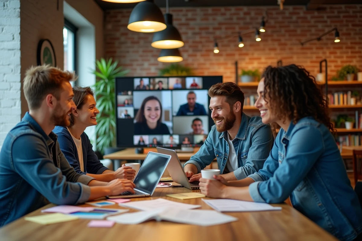 Équipe en espace de co-working gérant une marque en partenariat avec des collègues internationaux via visioconférence