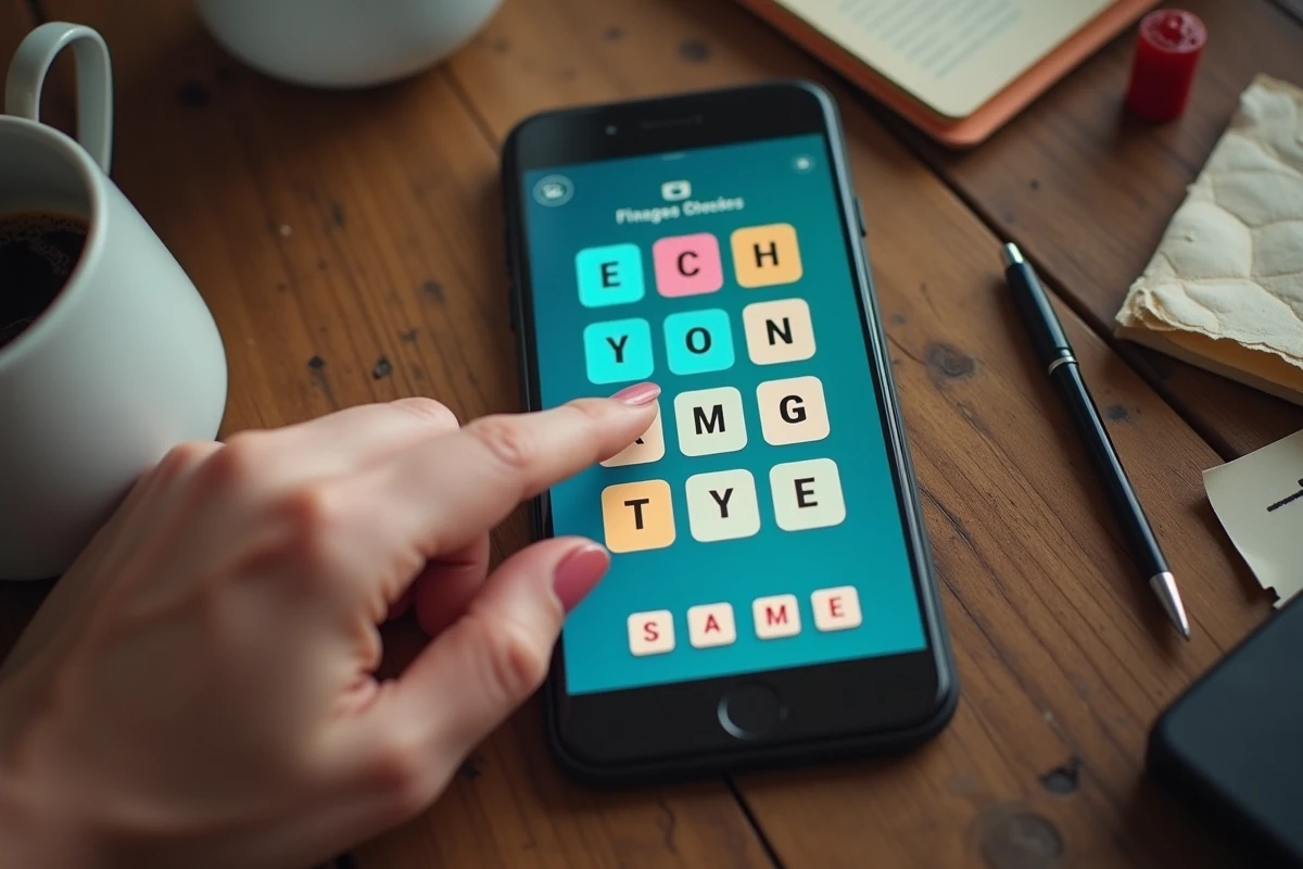 Gros plan sur un smartphone affichant une énigme 4 images 1 mot 9 lettres avec des tuiles de lettres bloquées