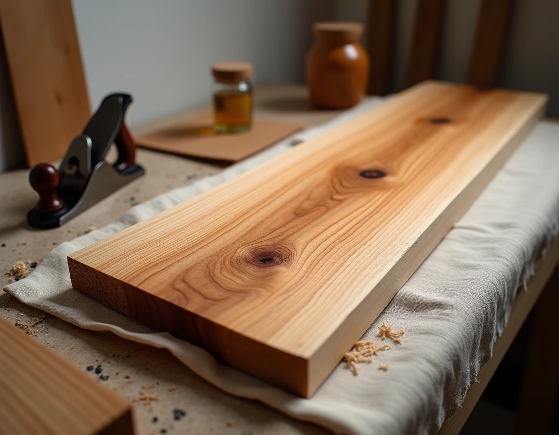 Gros plan sur une planche d'érable moucheté poncée à la main, révélant son effet chatoyant et ses reflets tridimensionnels uniques