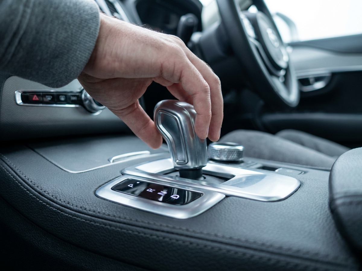 Gros plan sur le sélecteur de vitesses automatique d'une voiture moderne, console en cuir et aluminium brossé, main du conducteur visible