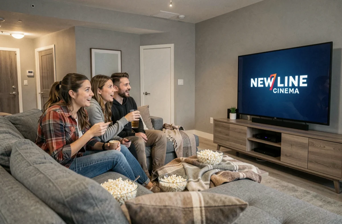 Groupe d'amis réunis pour regarder le marathon cinéma du Seigneur des Anneaux en 2026 dans un appartement moderne