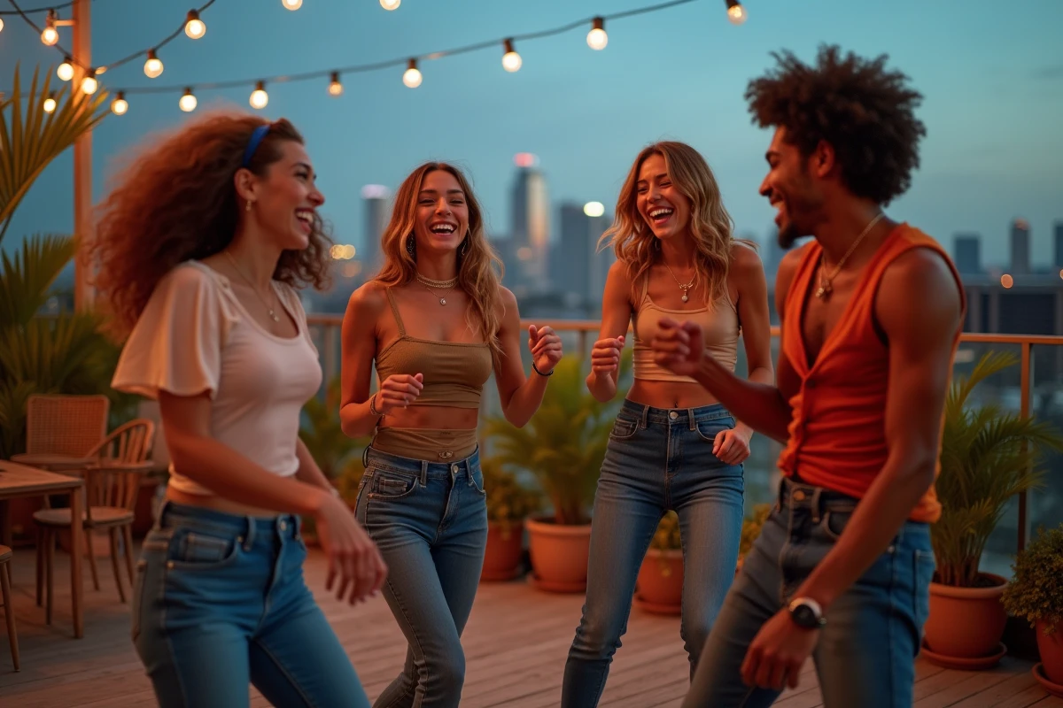 Groupe d'amis dansant ensemble lors d'une soirée en terrasse rooftop avec vue sur la skyline urbaine au coucher du soleil