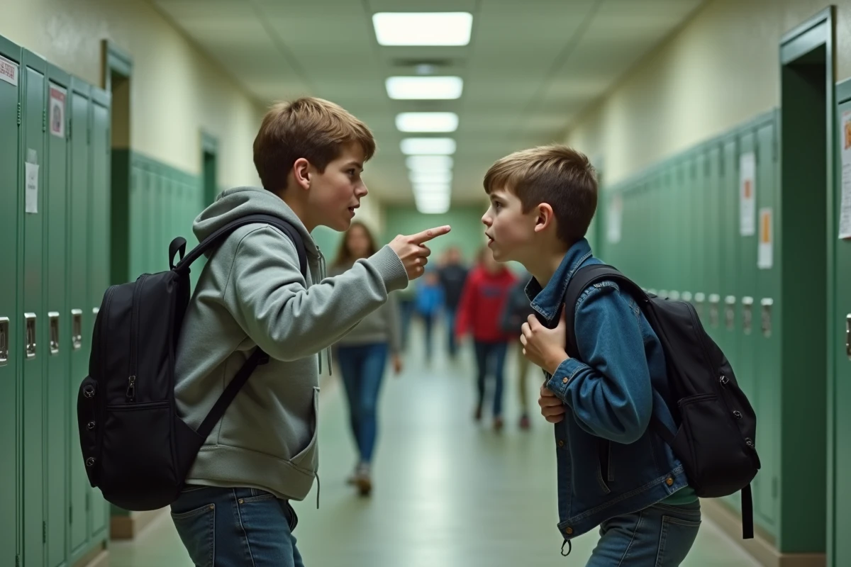 Scène de harcèlement entre adolescents dans un couloir scolaire, illustrant les problèmes de violence et d'intimidation à l'école