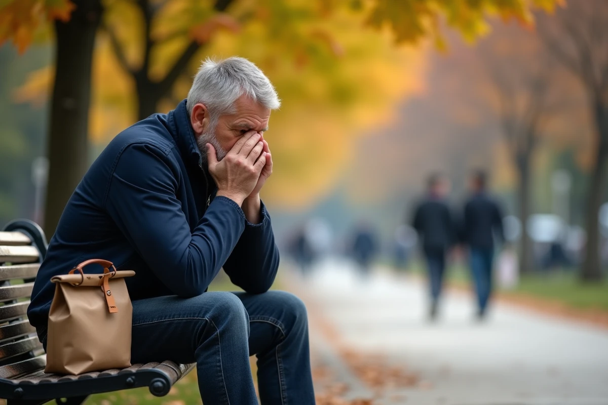 Homme d'âge moyen affamé attendant sur un banc de parc avec sa gamelle fermée, expression d'impatience et de faim