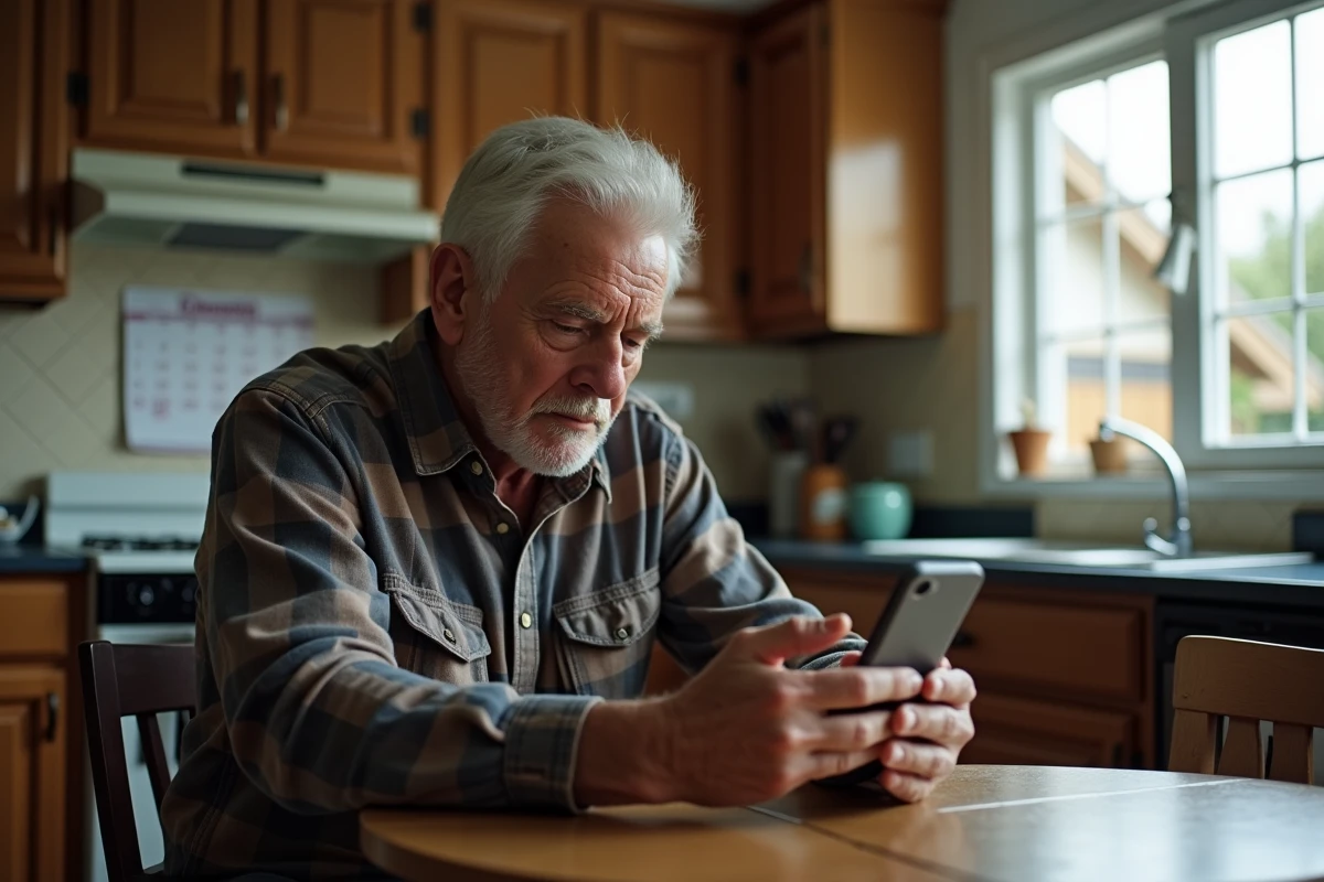 Homme âgé regardant des photos de famille sur son smartphone à la table de cuisine, expression nostalgique et émotive