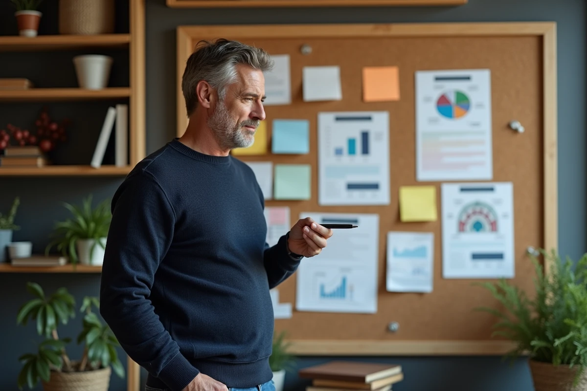 Homme réfléchi examinant un tableau de comparaison des branches professionnelles dans un bureau à domicile, analyse des meilleures formations de base
