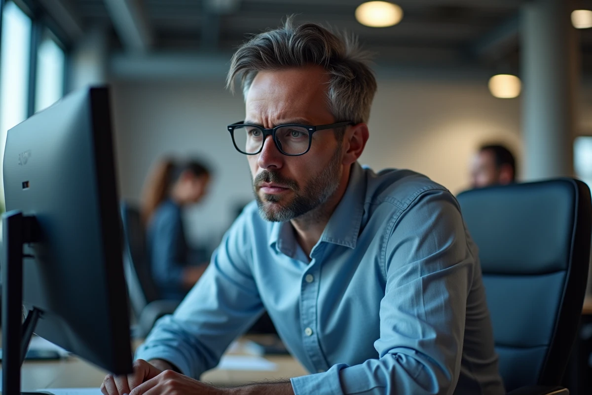 Homme avec des lunettes analysant un site web frauduleux sur un ordinateur de bureau au bureau