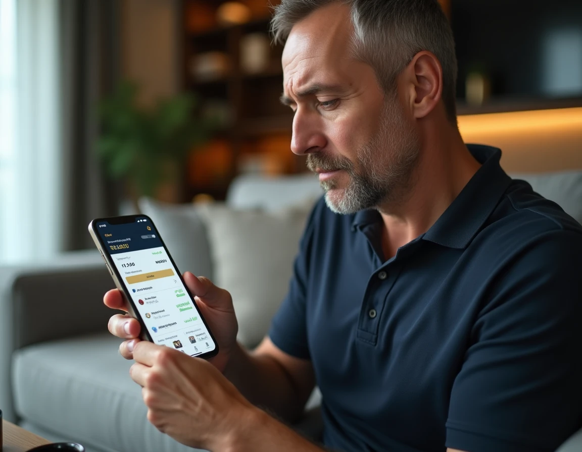 Homme consultant l'application Amazon sur smartphone pour archiver une commande depuis un canapé