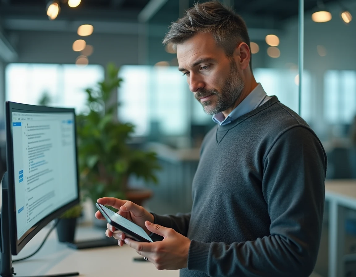 Homme testant une application de traduction sur smartphone dans un bureau professionnel moderne