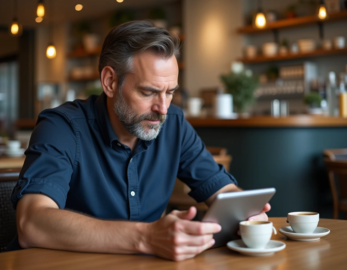Homme consultant une application de traduction gratuite sur tablette dans un café