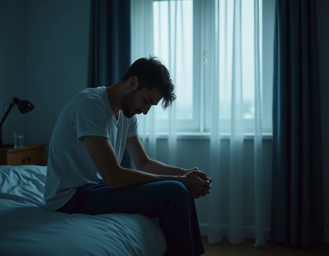 Homme assis au bord du lit épuisé après un réveil trop tôt le matin