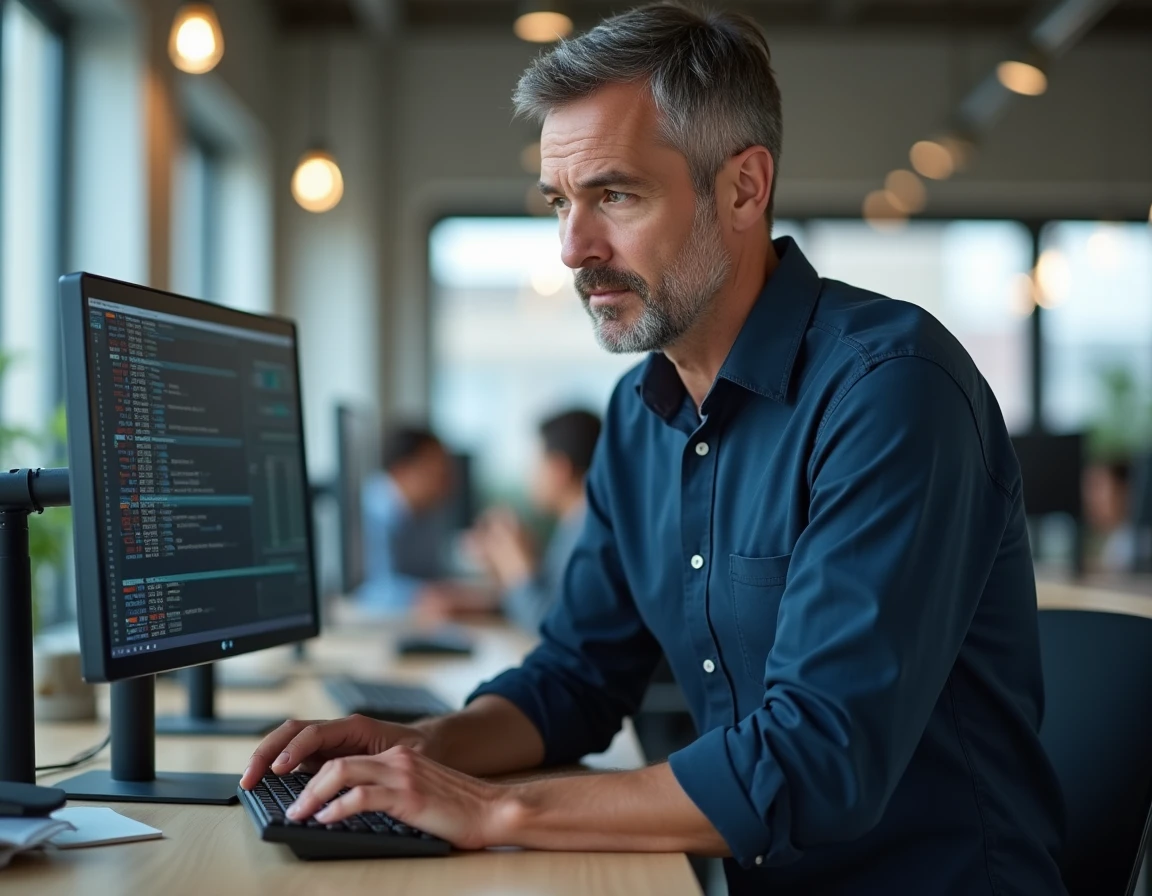 Homme en bureau open space utilisant un raccourci clavier pour taper le symbole approximation