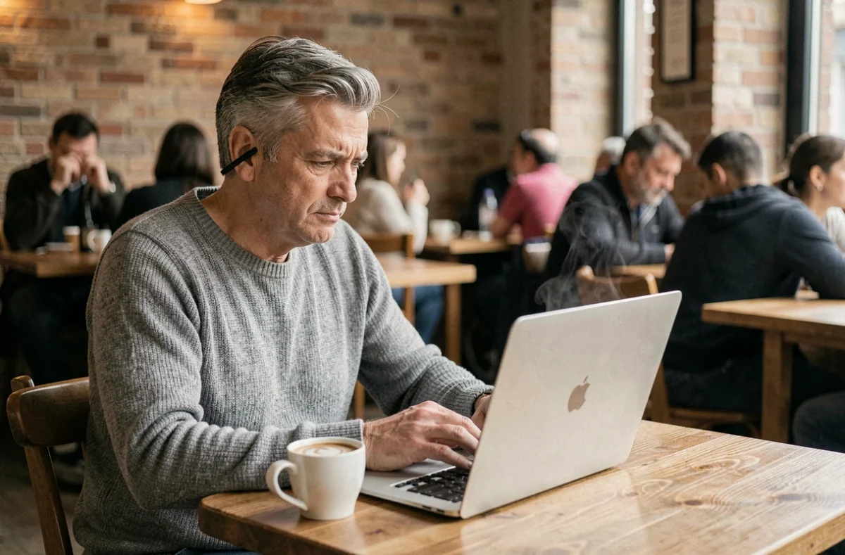 Homme concentré lisant un article sur le concept paradigmatique dans un café avec un ordinateur portable