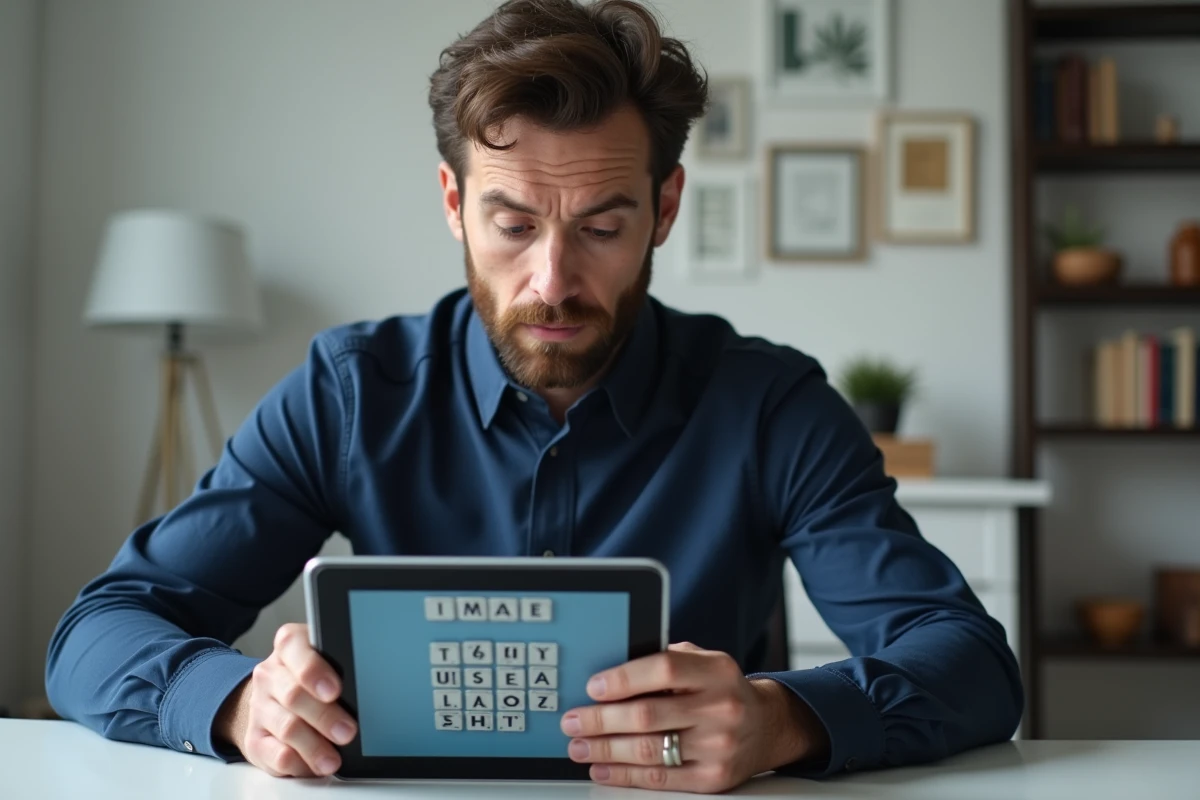 Homme concentré cherchant la solution d'une énigme journalière 4 images 1 mot 9 lettres sur tablette