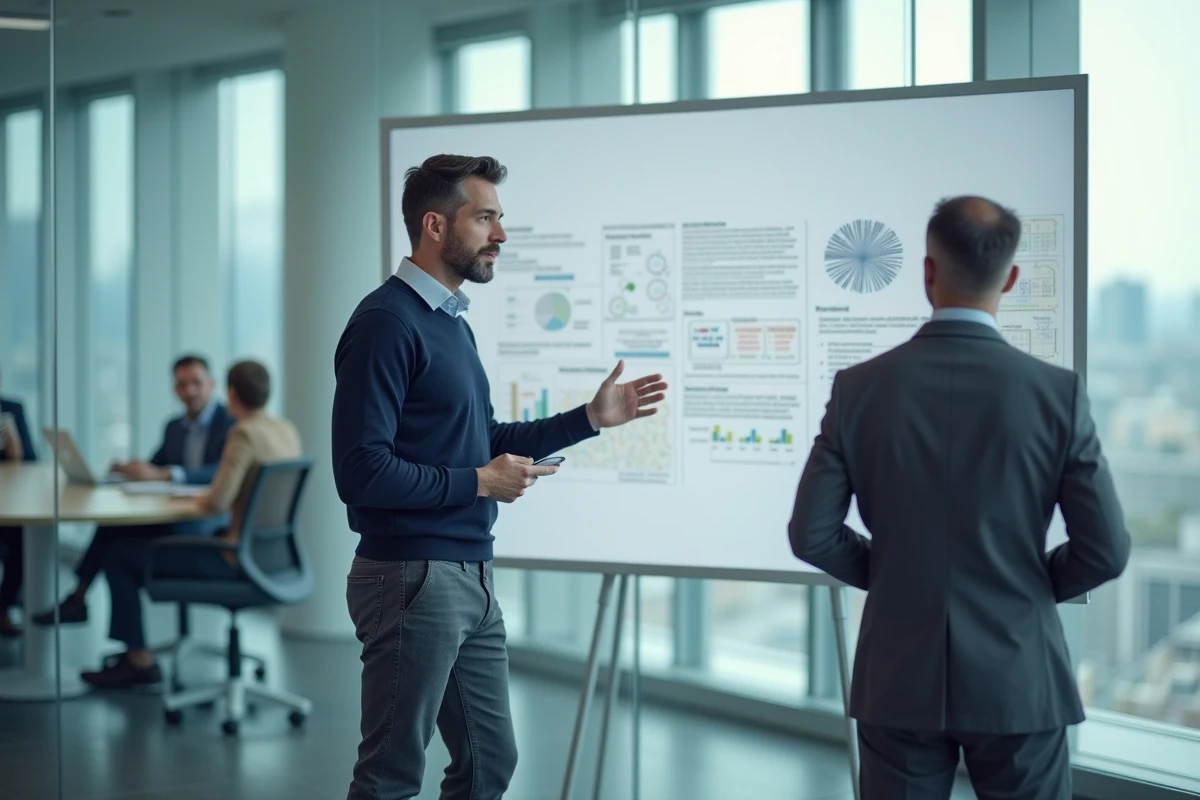 Homme extrapreneur présentant une stratégie d'innovation sur un tableau blanc lors d'une réunion en entreprise