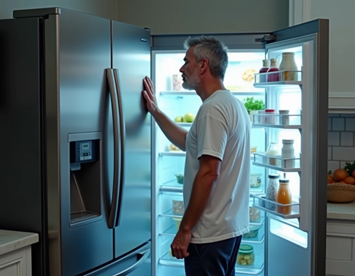 Homme debout devant un réfrigérateur ouvert sans motivation à manger, expression vide dans une cuisine moderne