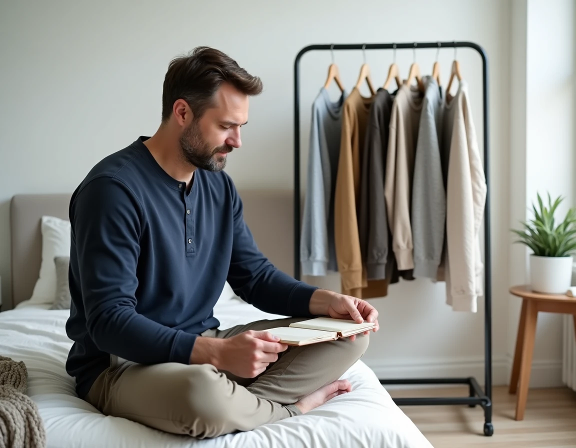 Homme assis face à une garde-robe capsule minimaliste sur un portant, prenant des notes pour organiser ses vêtements essentiels
