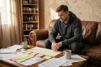 Un homme consultant un guide chronologique des films et séries Marvel sur une table basse couverte de notes manuscrites